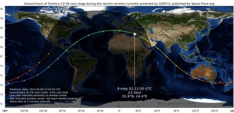 Los restos del cohete chino Long March 5B se desintegran y caen en el mar Arábigo, en el océano Índico